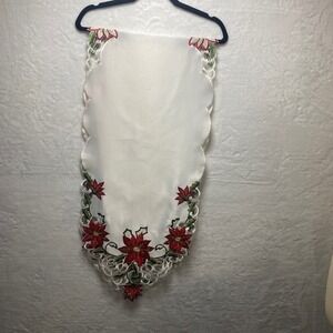 Holiday Table Runner Poinsettia Embroidery Christmas Decor White Red *Read*‎